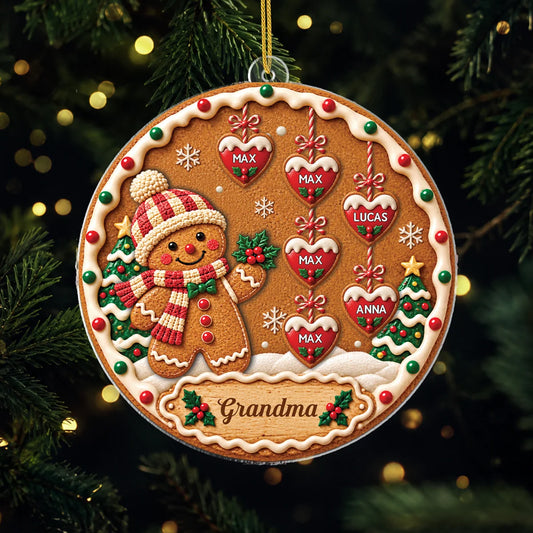 Personalized Gingerbread Acrylic Ornament Custom Heart Names - Christmas Gift for Grandma Mom