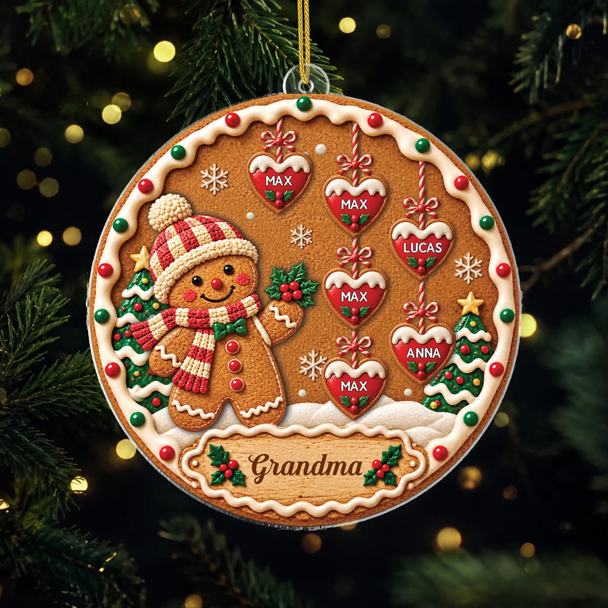 Personalized Gingerbread Acrylic Ornament Custom Heart Names - Christmas Gift for Grandma Mom