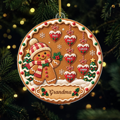 Personalized Gingerbread Acrylic Ornament Custom Heart Names - Christmas Gift for Grandma Mom