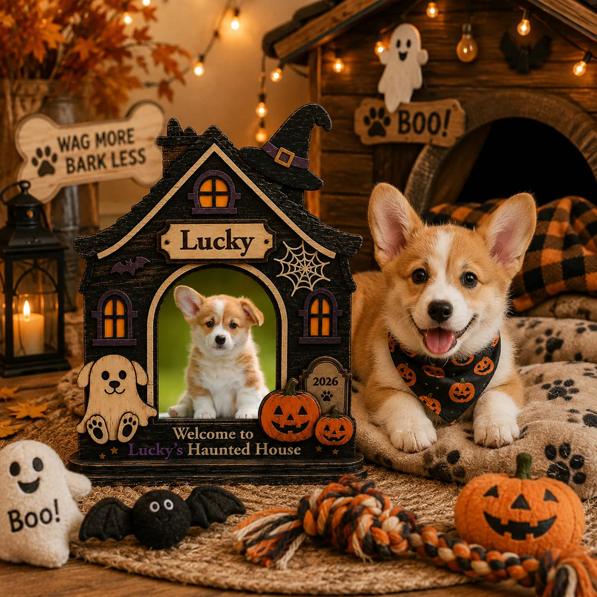 Welcome to Haunted House Personalized Wooden Block - Custom Halloween Dog Photo Gift