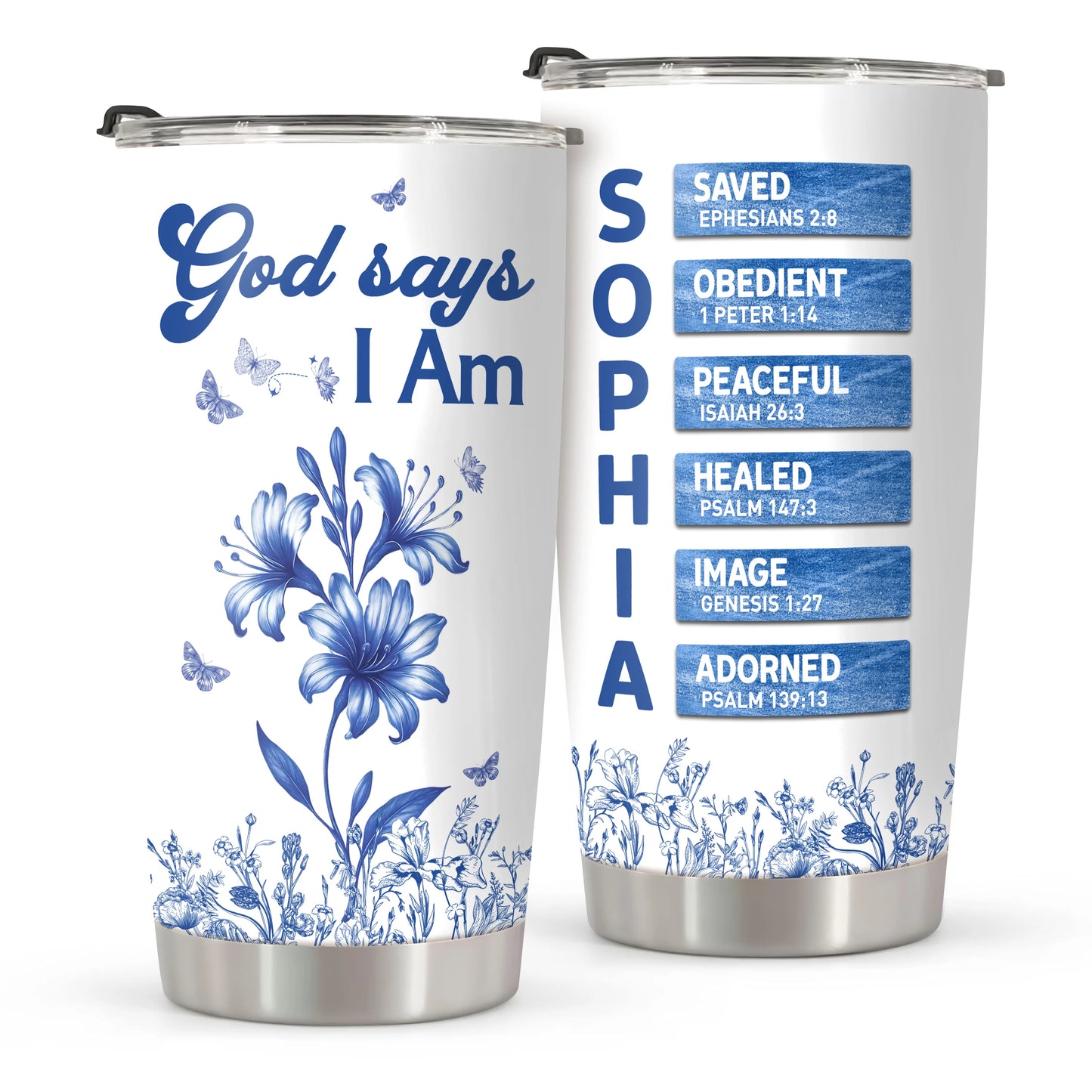 "God Says I Am" Personalized Tumbler - Floral Christian Bible Verse Name Cup