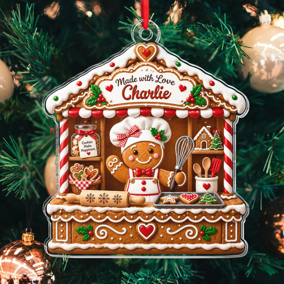Made with Love Personalized Acrylic Ornament - Custom Christmas Gingerbread Baker Keepsake