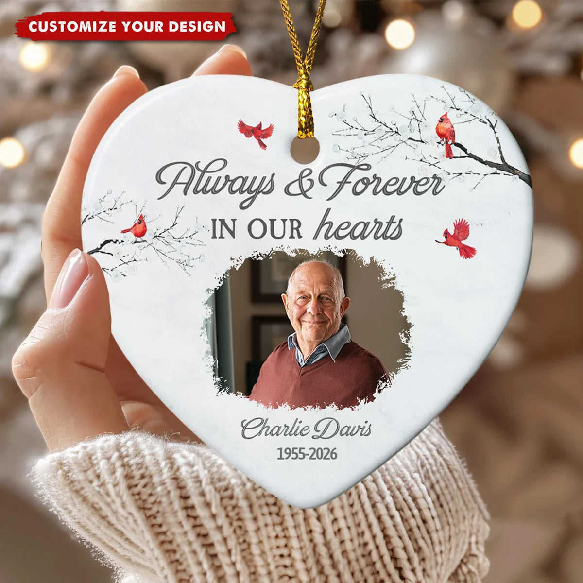 Always & Forever In Our Hearts - Personalized Ceramic Ornament for Family Memorial