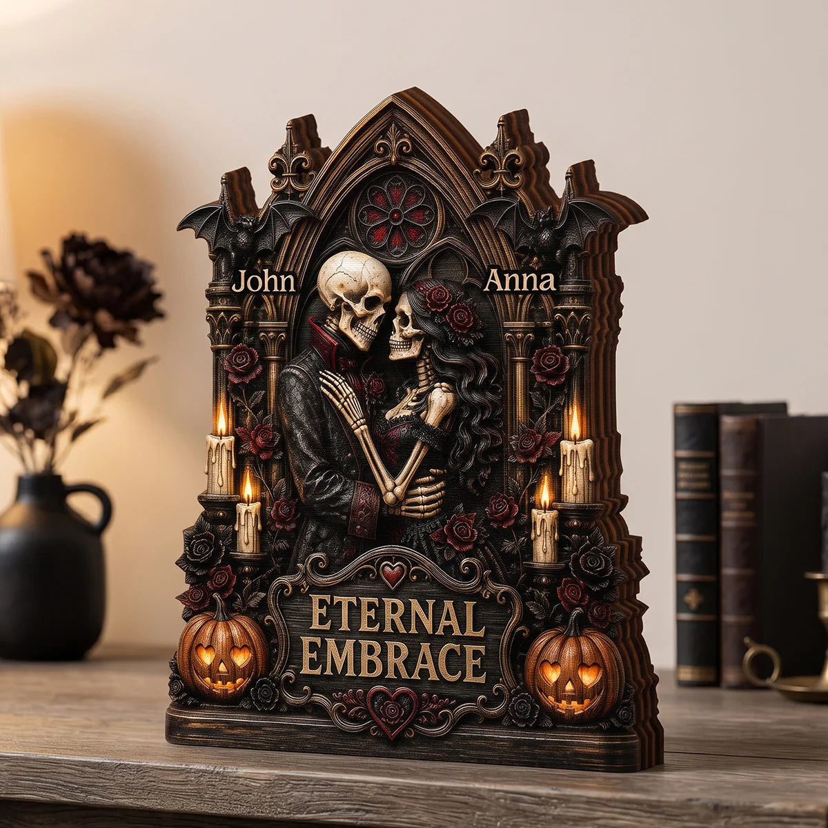 Eternal Embrace Custom Skeleton Couple Wooden Block - Personalized Gothic Anniversary Gift for Husband or Wife