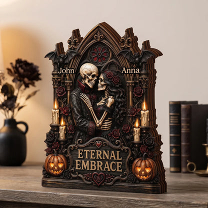 Eternal Embrace Custom Skeleton Couple Wooden Block - Personalized Gothic Anniversary Gift for Husband or Wife