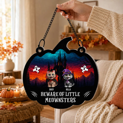 Beware Of Little Meownsters Personalized Suncatcher Ornament - Custom Cat Lovers Halloween Decor