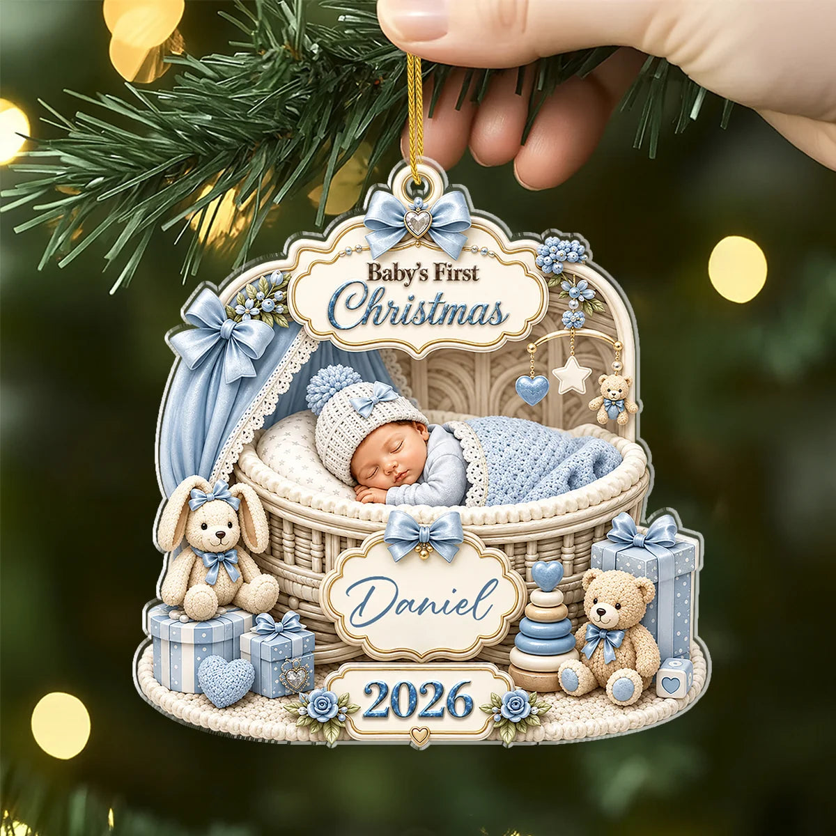 "Baby's First Christmas" Personalized Bassinet Acrylic Ornament - Custom Keepsake for Newborn