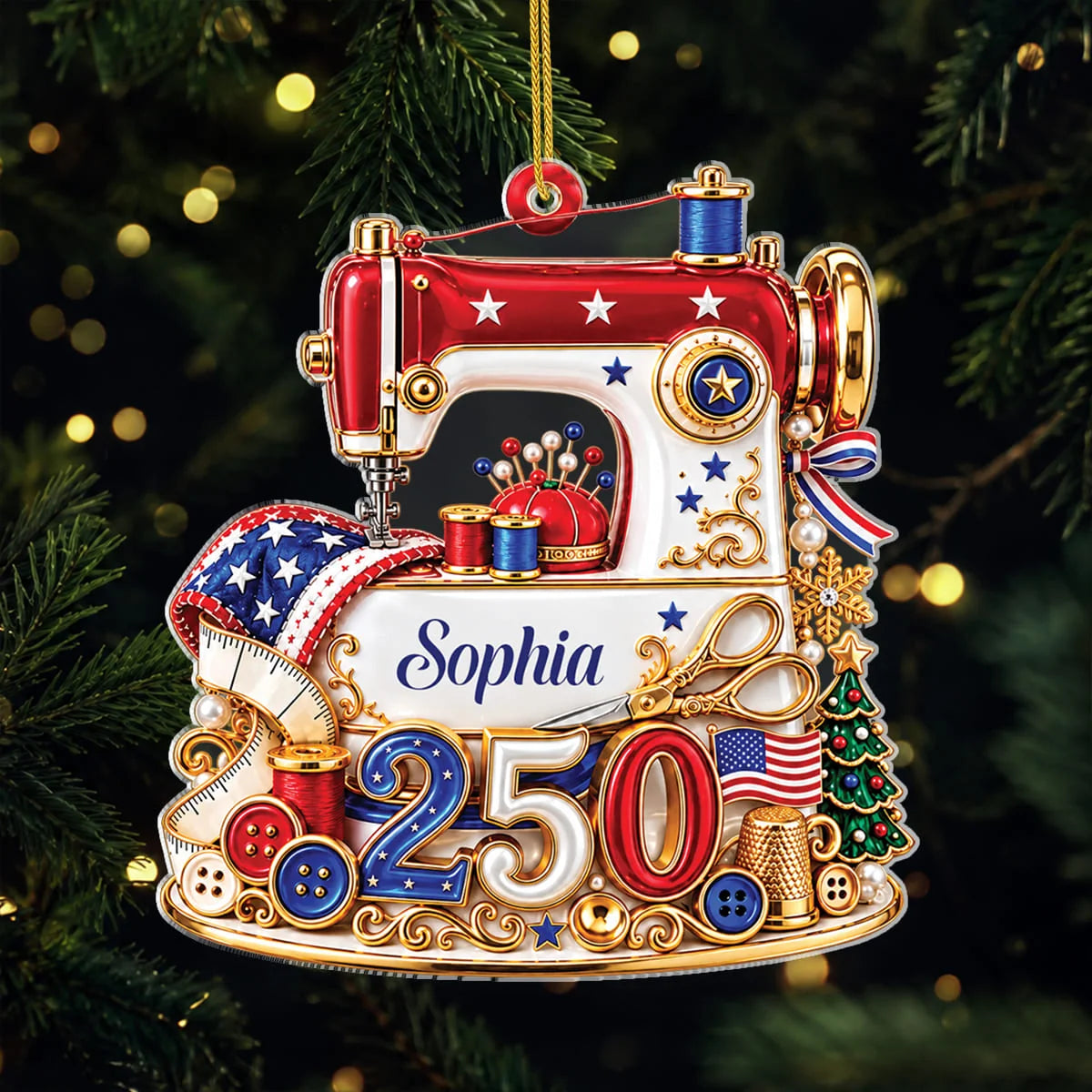 USA 250th Sewing Machine Personalized Acrylic Ornament - Mom Christmas Keepsake