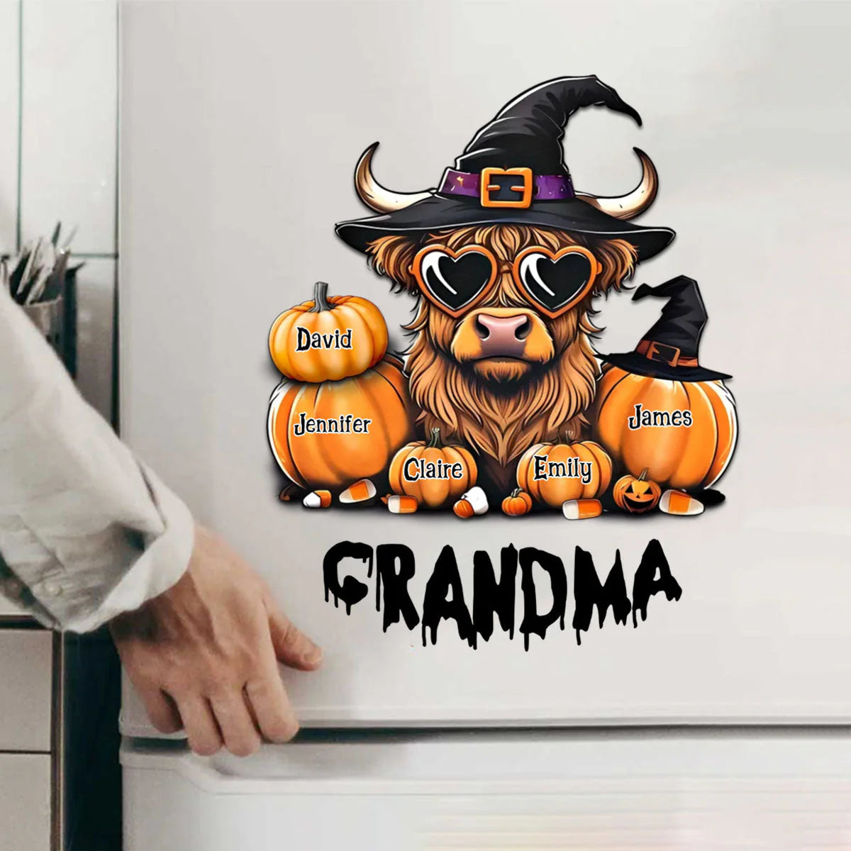 Personalized grandma halloween decal with highland cow and custom grandkid names on pumpkins