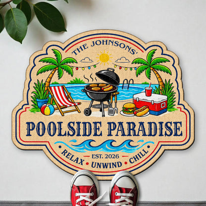 Custom Poolside Paradise doormat featuring palm trees and BBQ grill for family patio decor image 6