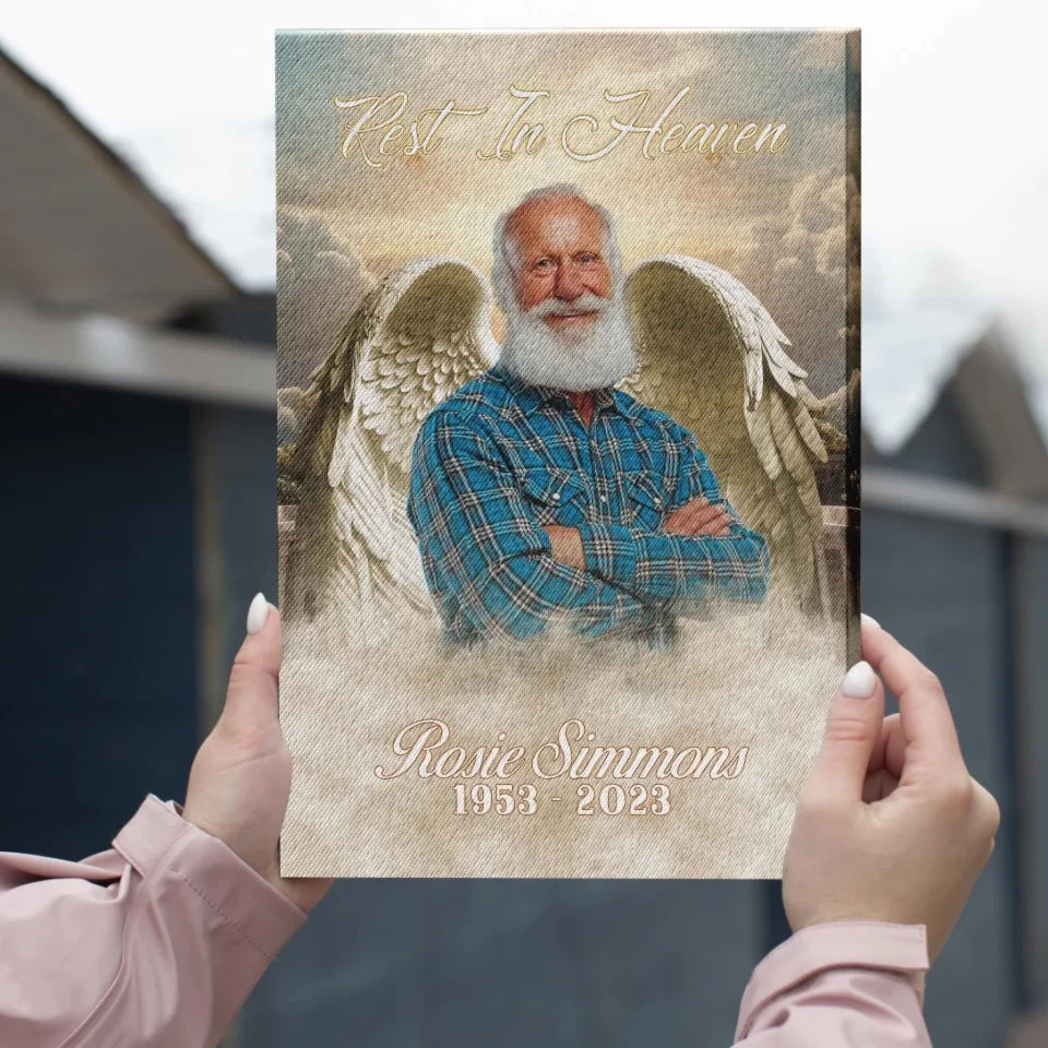 "Rest in Heaven" Personalized Angel Wings Memorial Photo Canvas / Poster – A Loving Tribute for Family