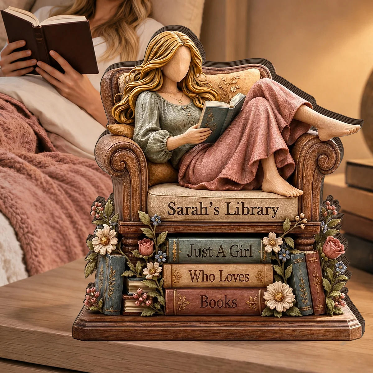 Just A Girl Who Loves Books Personalized Wooden Block - Custom Desk Decor Gift for Readers
