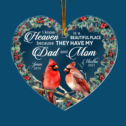 "I Know Heaven Is A Beautiful Place" Personalized Acrylic Ornament - Custom Cardinal Memorial Keepsake for Family