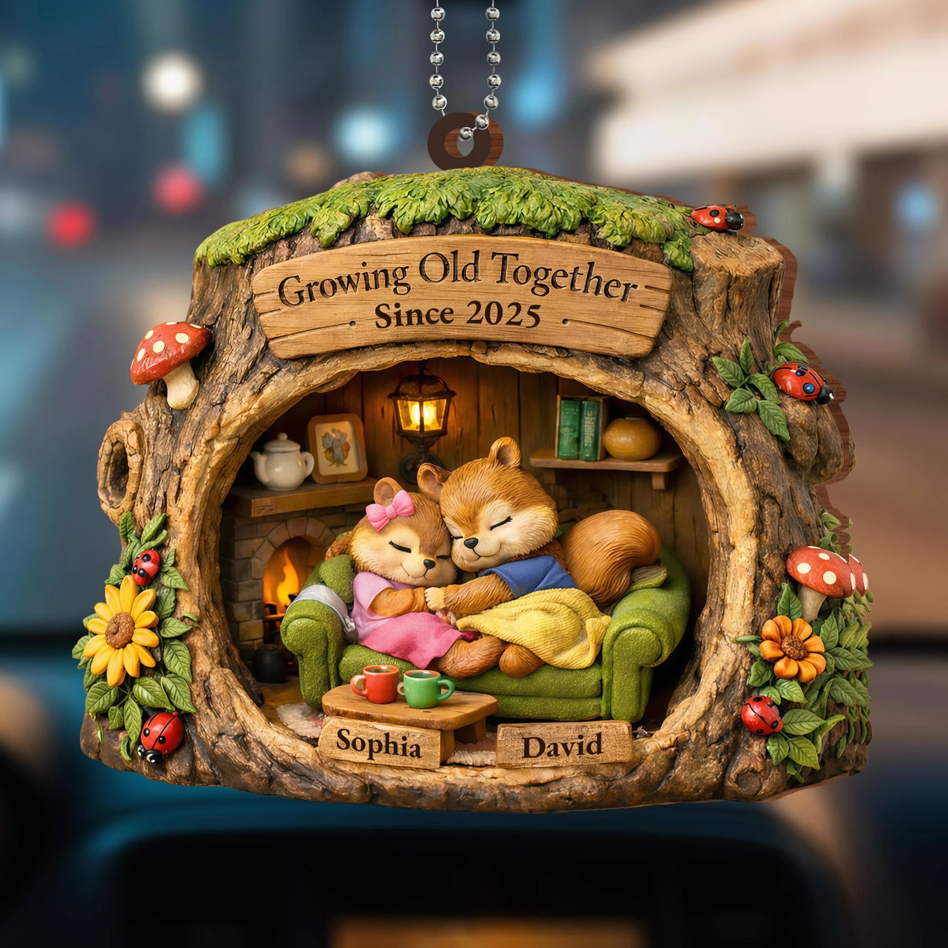 Wooden Ornament material and size view - Personalized Couples Car Ornament
