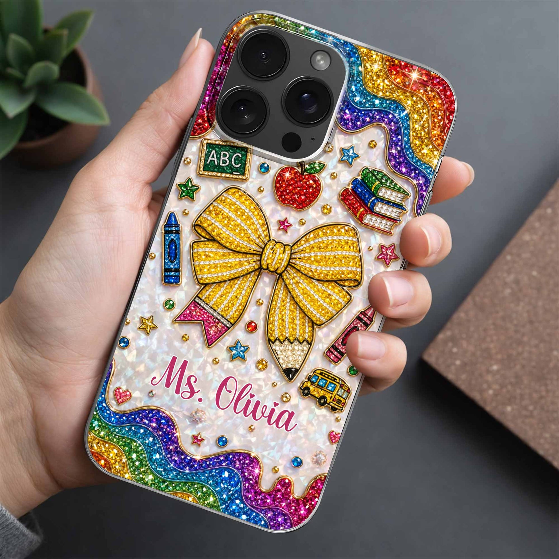 Personalized teacher clear phone case with custom name, glittery pencil bow, and apple print design image 9