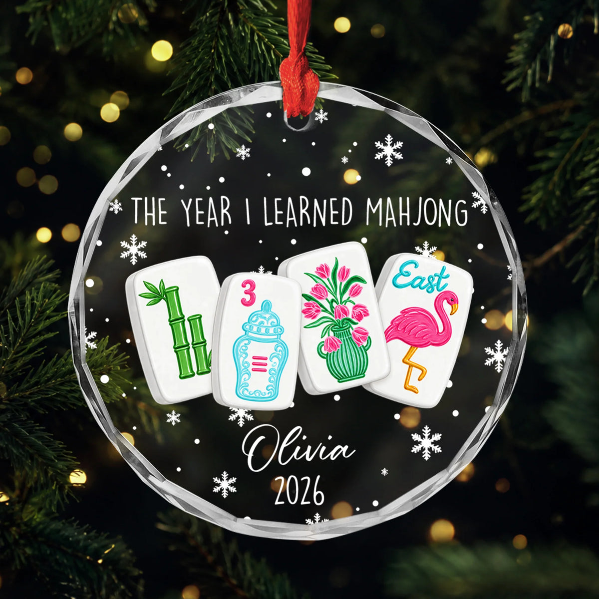 "The Year I Learned Mahjong" Custom Glass Ornament - Personalized Mahjong Gift for Friends
