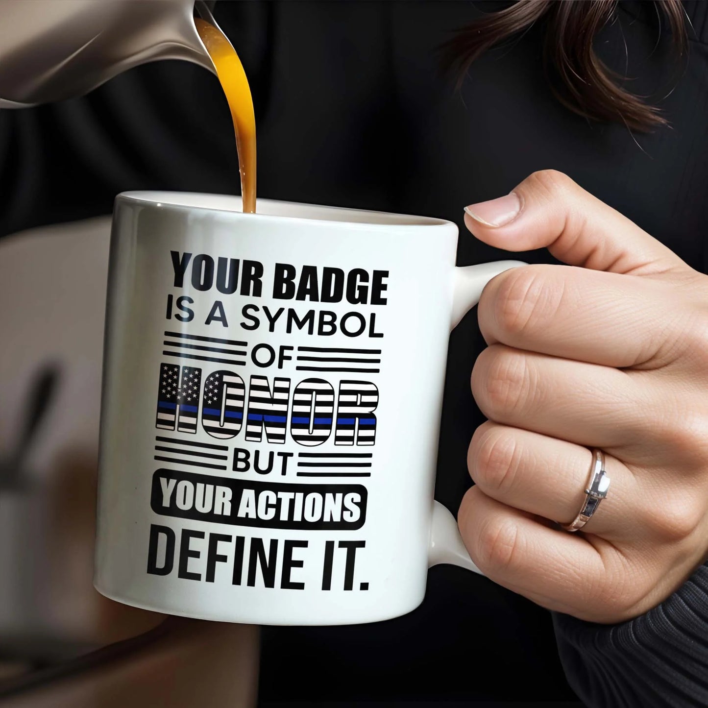 Custom police officer mug featuring a law enforcement uniform and thin blue line flag design for son image 6
