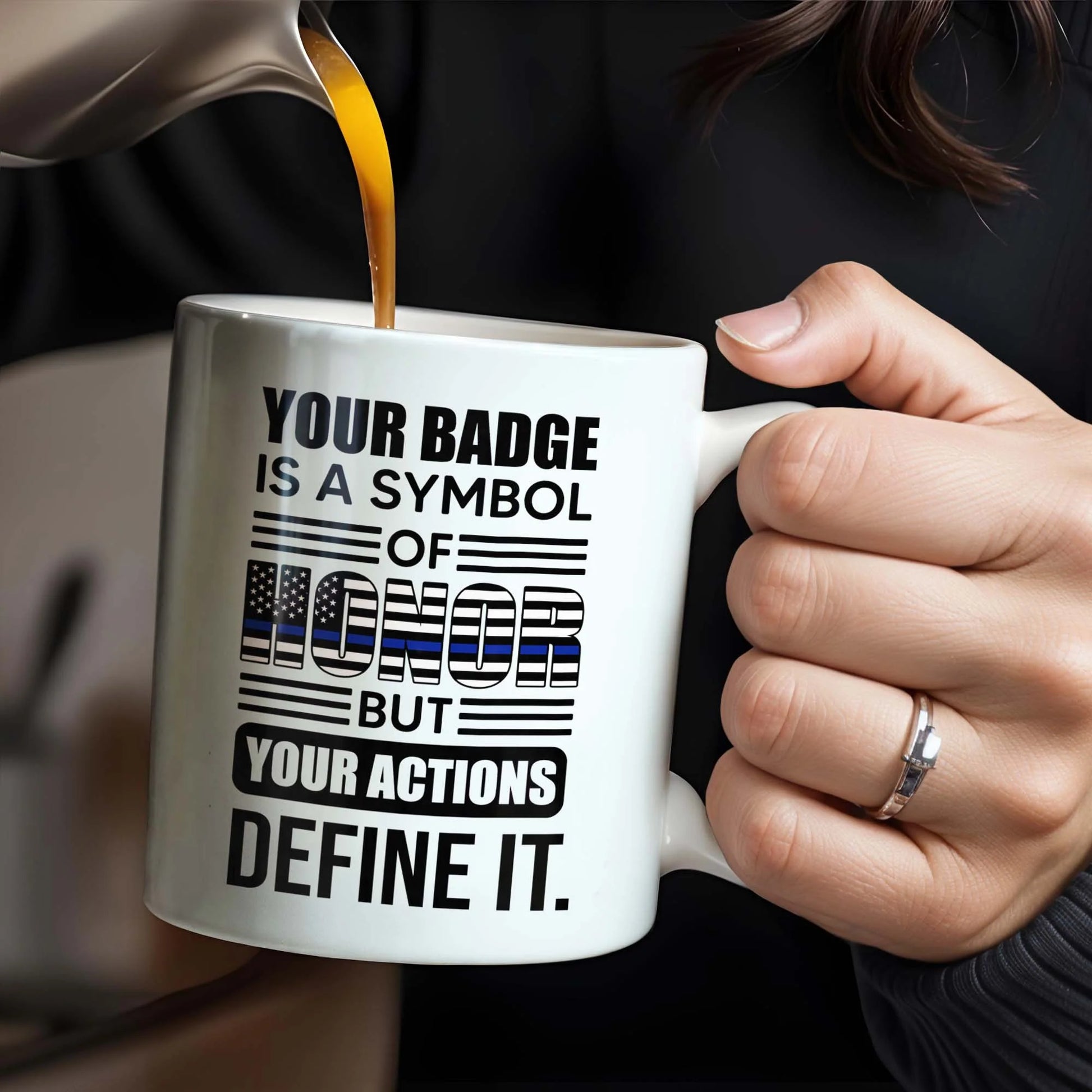 Custom police officer mug featuring a law enforcement uniform and thin blue line flag design for son image 6