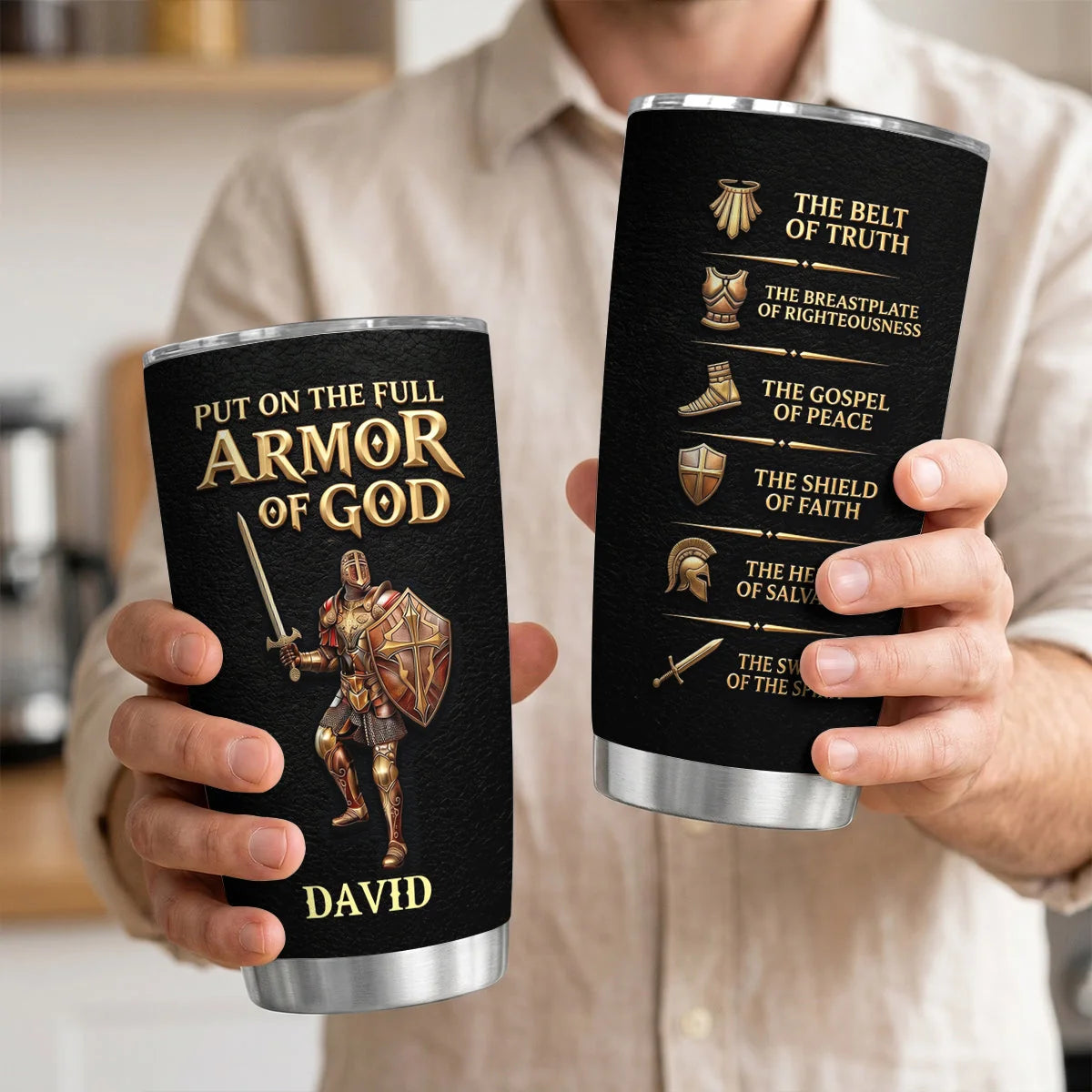 Put On The Full Armor Of God Personalized Tumbler - Christian Men Ephesians 6 Travel Mug