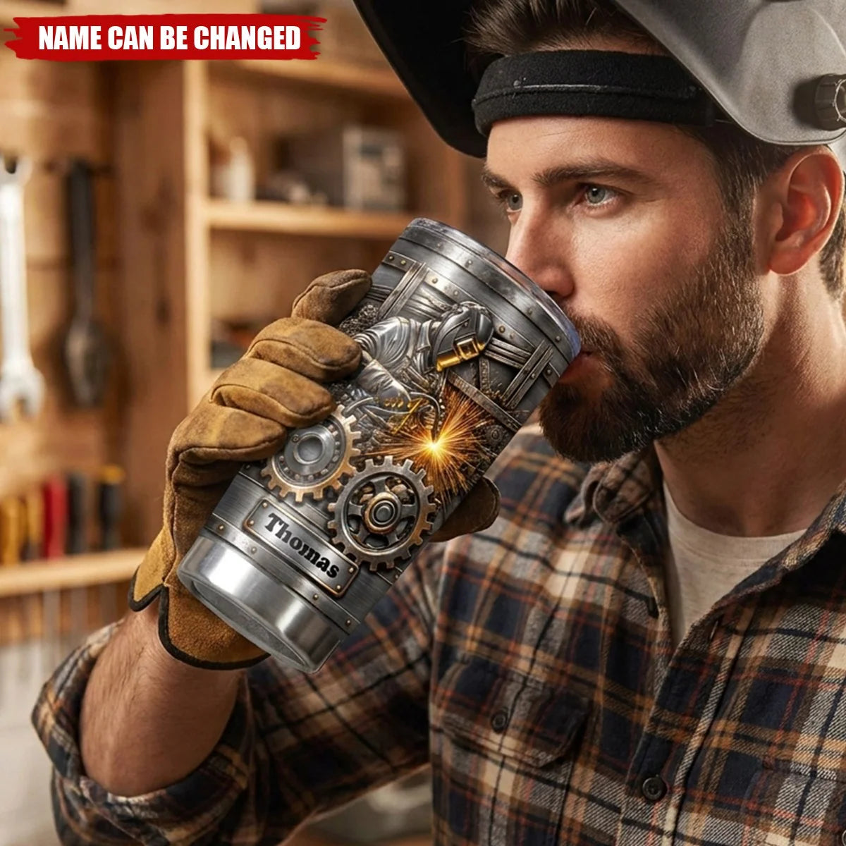 Hardworking Welder Sparks & Gears Personalized Tumbler - Custom Gift for Dad Husband Blue Collar