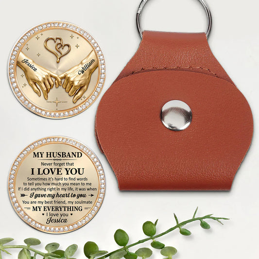 Personalized pocket hug token keychain with custom names Jessica and William, romantic gift for husband