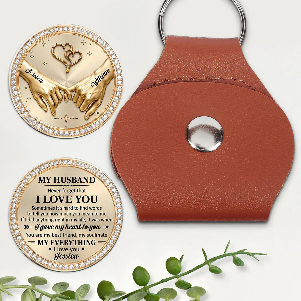 Personalized pocket hug token keychain with custom names Jessica and William, romantic gift for husband