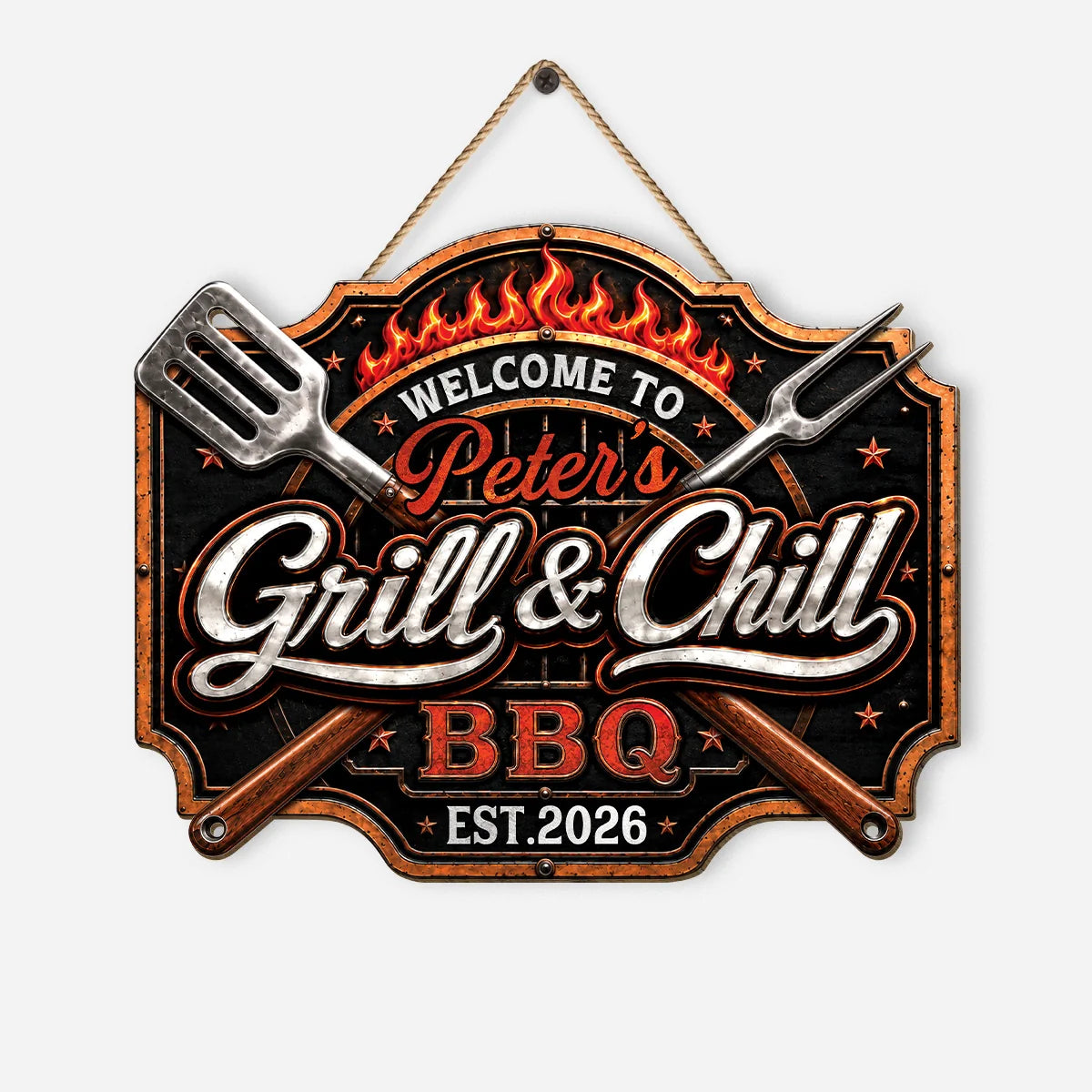 Welcome to Grill and Chill BBQ Personalized Wood Sign - Custom Backyard Patio Decor