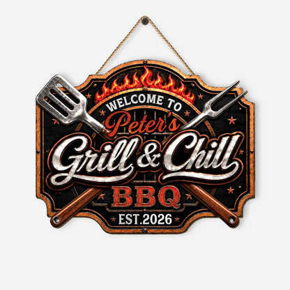 Welcome to Grill and Chill BBQ Personalized Wood Sign - Custom Backyard Patio Decor