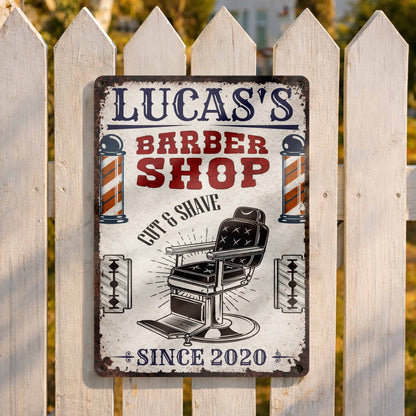 Custom Barber Shop Cut & Shave Metal Sign - Personalized Barber Chair Wall Decor for Men