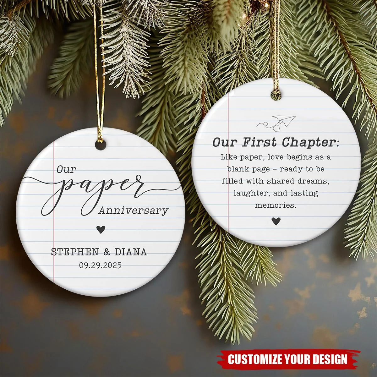 Our Paper Anniversary Personalized Ceramic Ornament - Custom 1st Year Keepsake for Couples