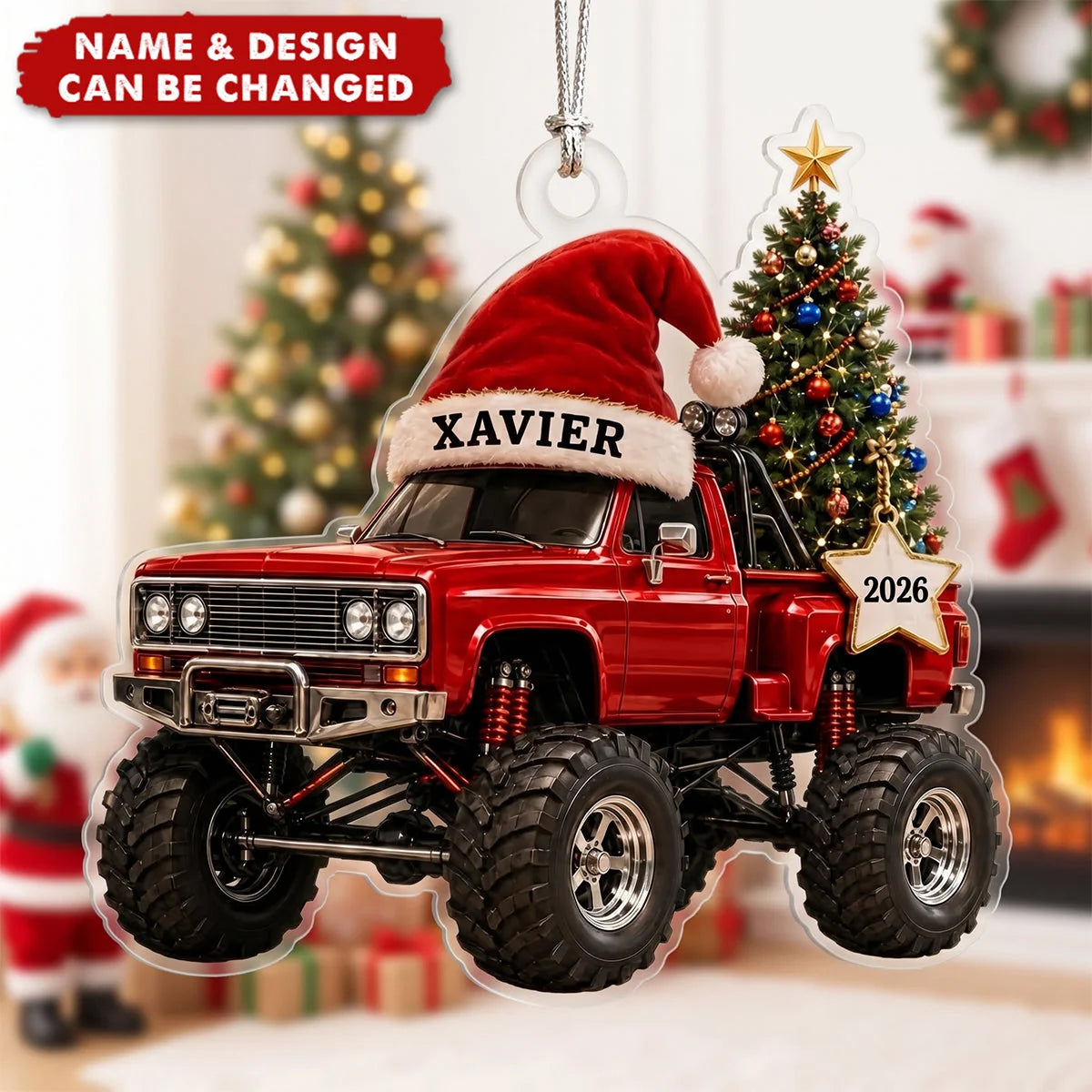 Personalized Monster Truck Christmas Acrylic Ornament - Custom Santa Truck Gift for Kids