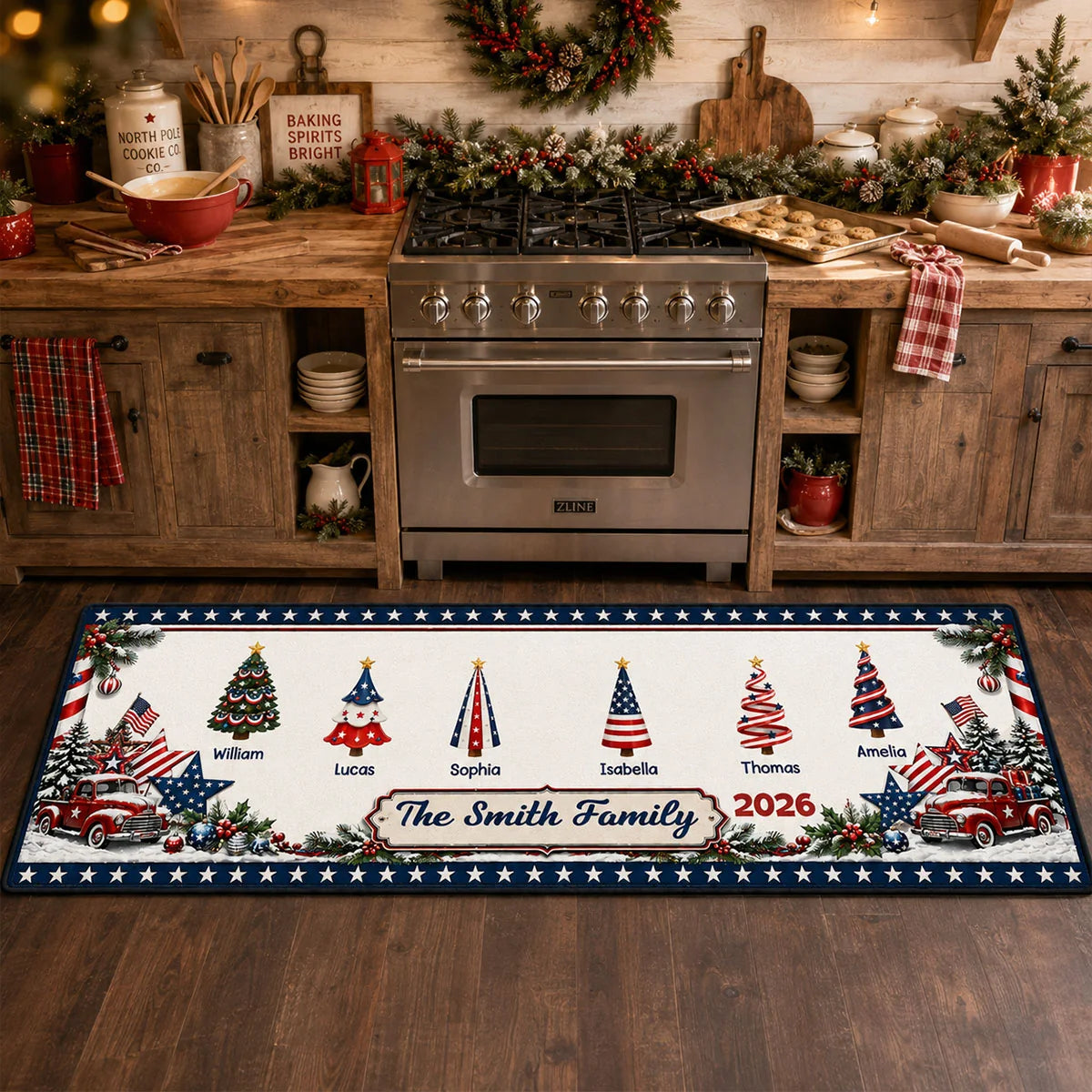 Personalized Christmas Kitchen Runner Rug - Custom Patriotic Family Name Holiday Mat