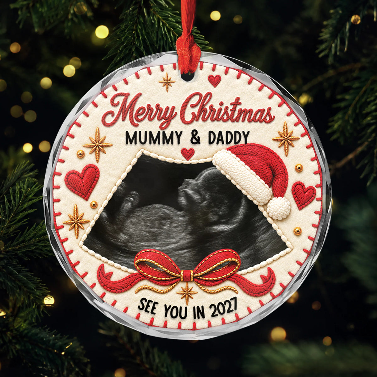Merry Christmas Mummy and Daddy - Personalized Ultrasound Photo Glass Ornament Gift for Expecting Parents
