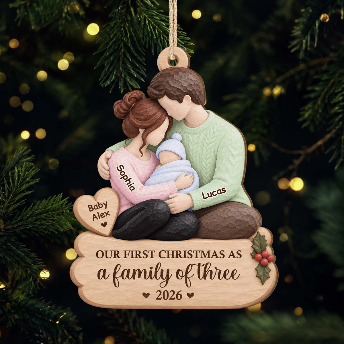 Our First Christmas as a Family of Three - Personalized Wooden Ornament for New Parents