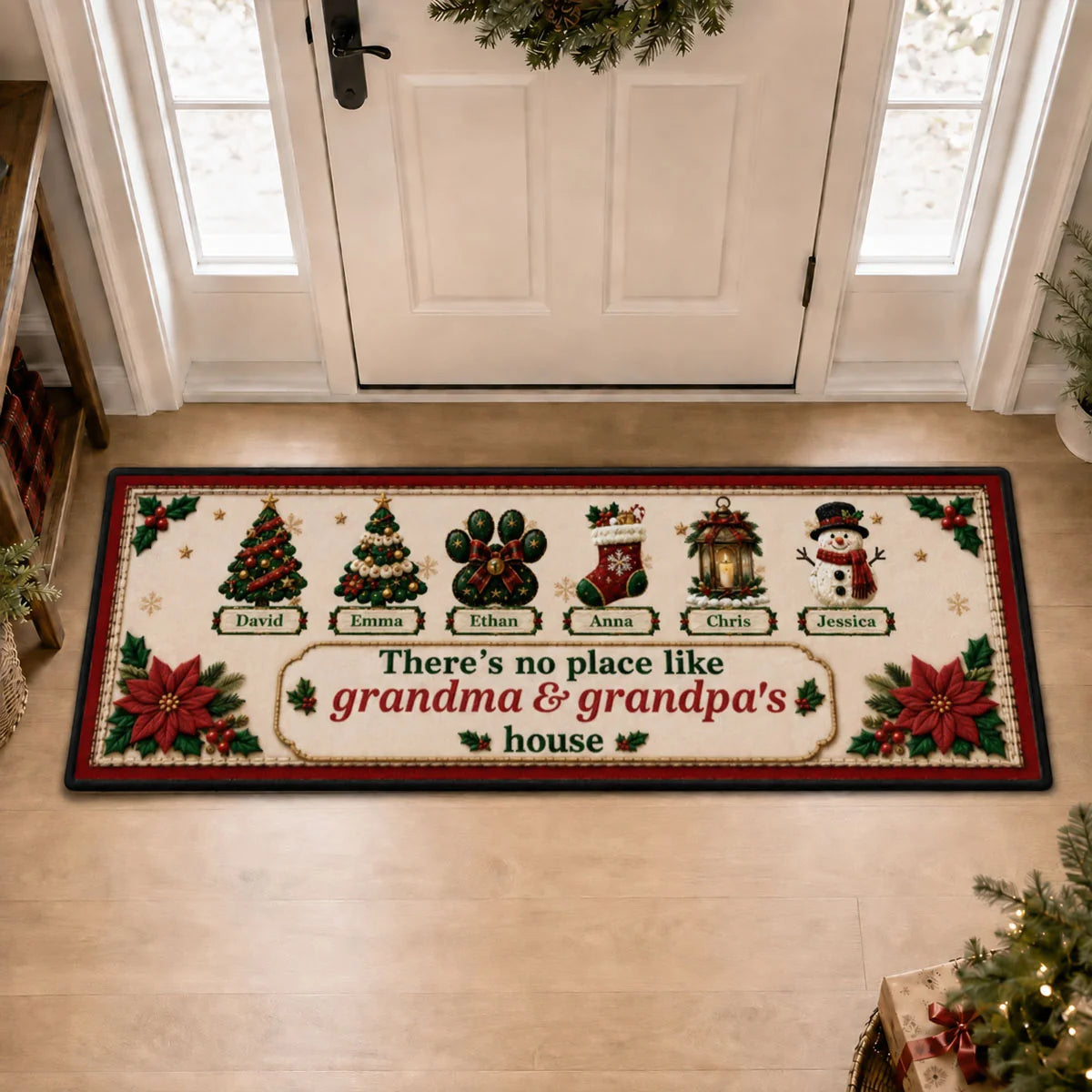 "There's No Place Like Grandma & Grandpa's House" Personalized Christmas Runner Rug - Xmas Gift for Grandparents