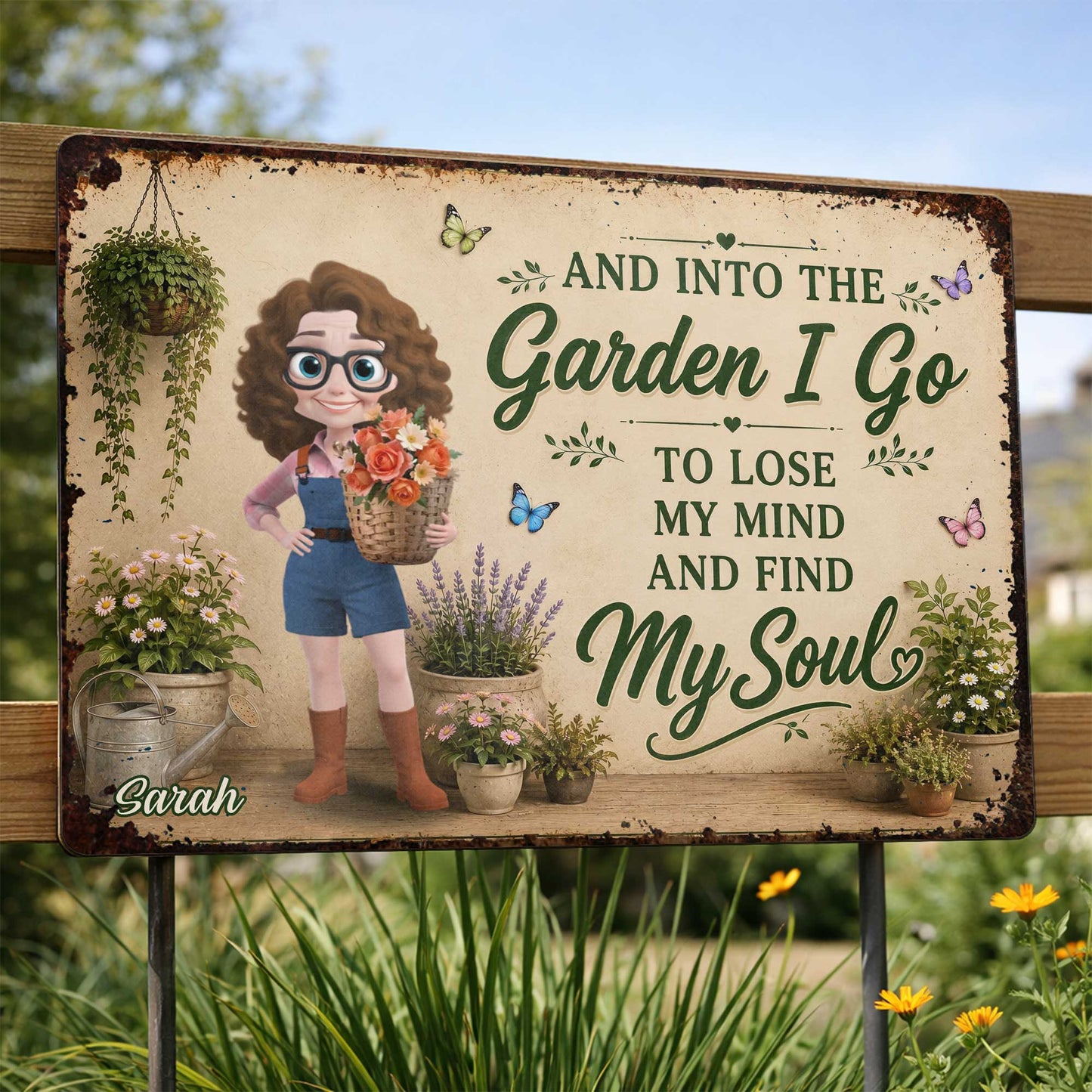 Personalized garden metal sign with cartoon woman and flowers, custom outdoor wall decor gift for mom image 7