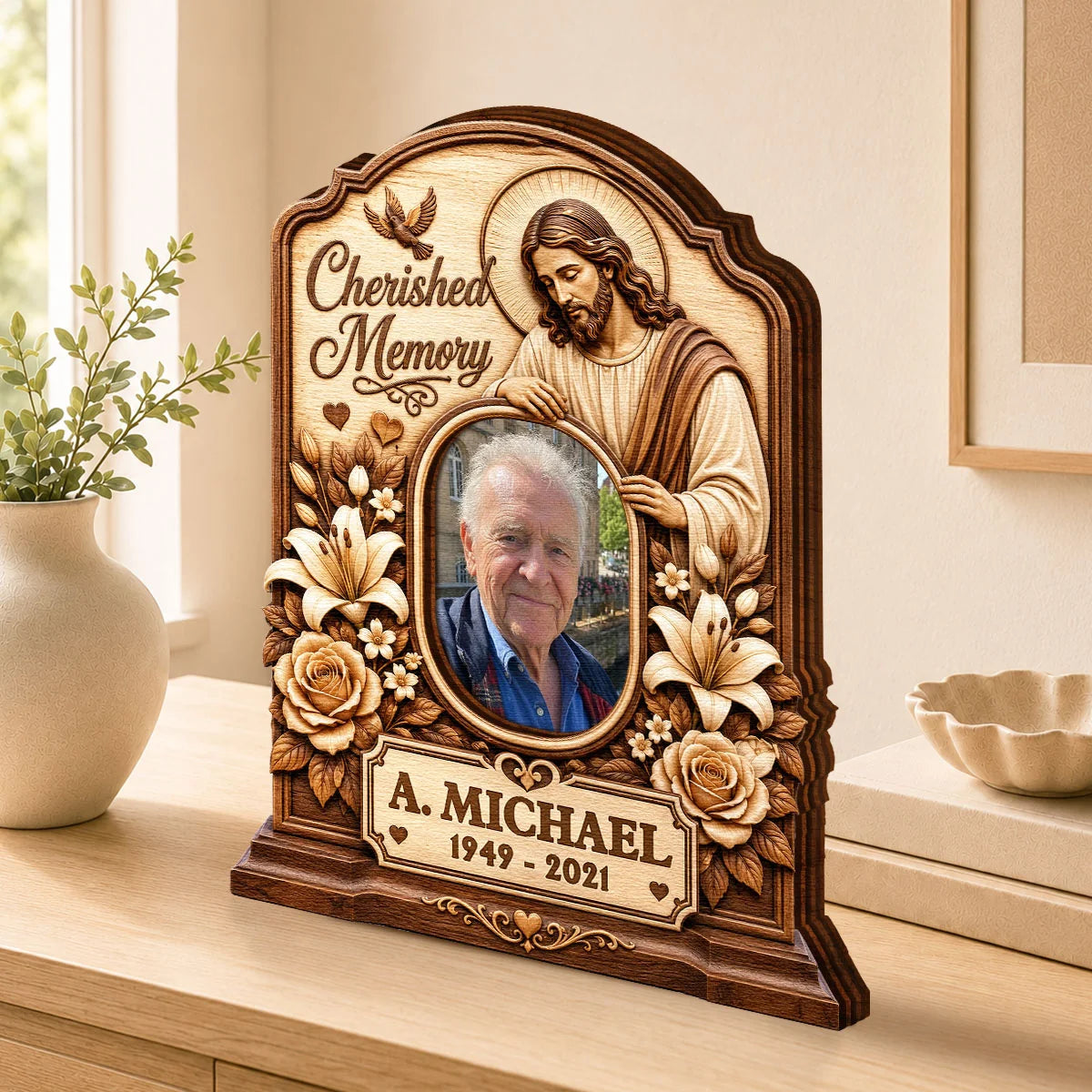 Cherished Memory Personalized Jesus Memorial Wooden Block - Custom Photo Remembrance Tribute Gift for Family