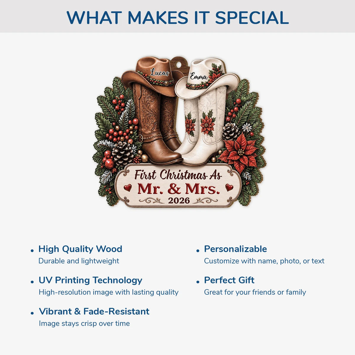 "First Christmas As Mr. & Mrs." Personalized Wooden Ornament - Custom Cowboy Boots Couple Keepsake Gift