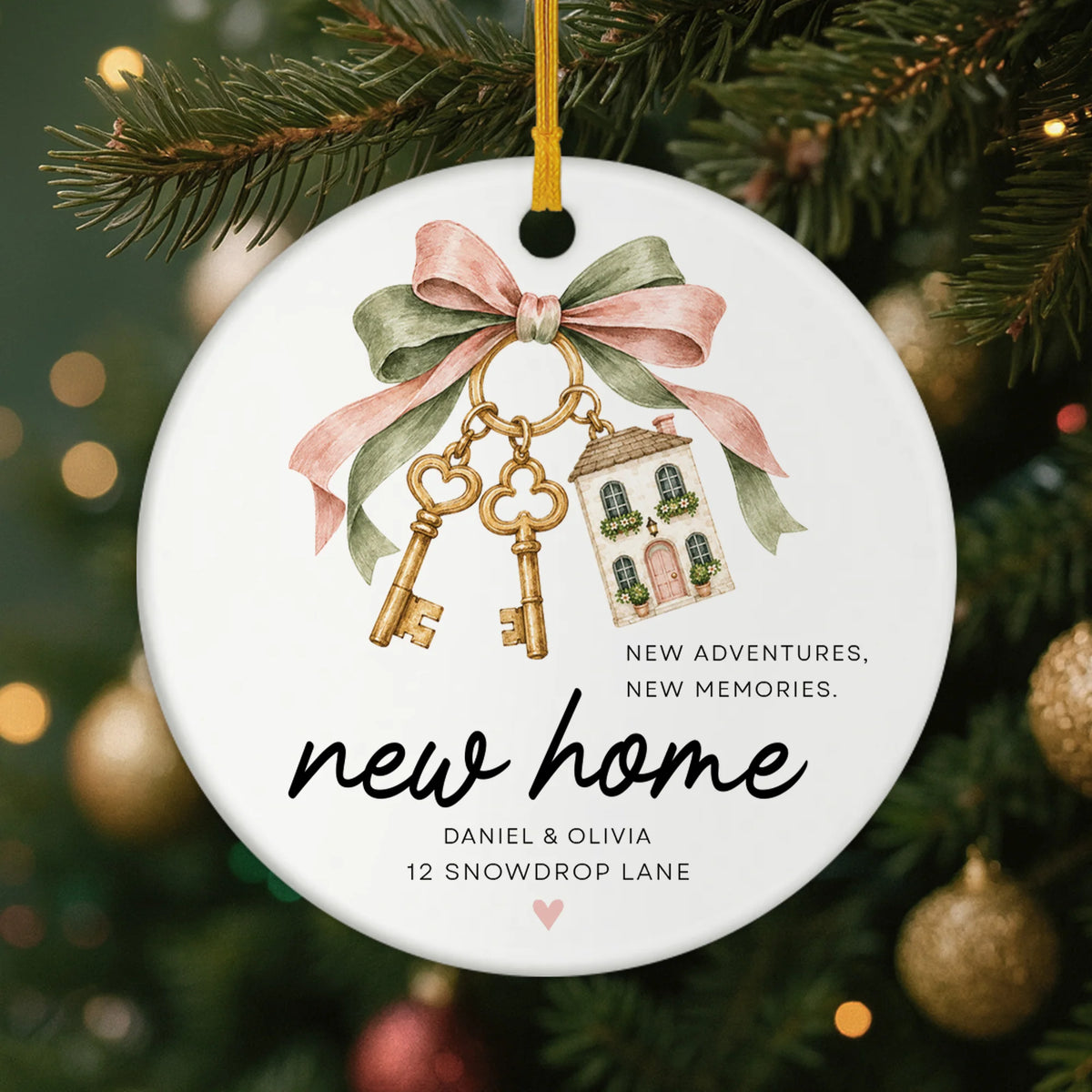 "New Adventures New Memories" Custom Name Ceramic Ornament - Personalized Housewarming Keepsake Gift for Couples
