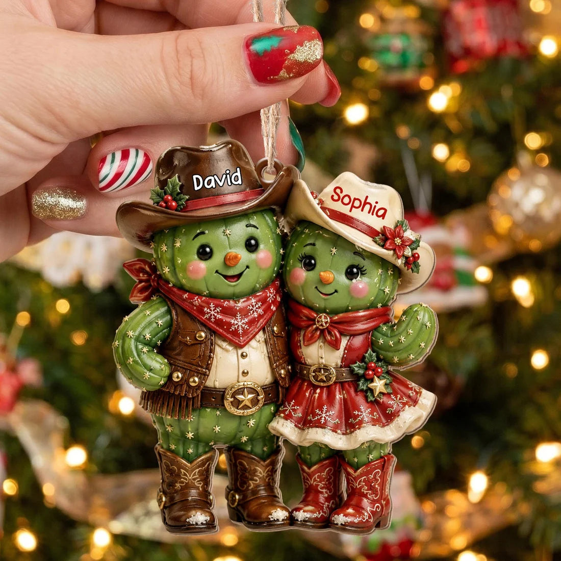 Custom Cactus Couple Wooden Ornament - Personalized Western Keepsake for Couples Christmas Tree