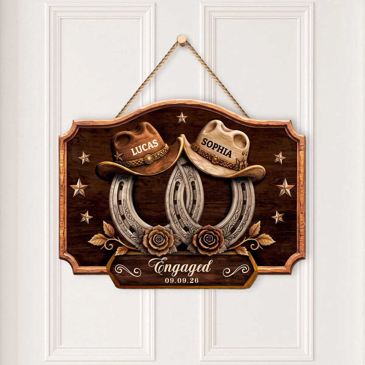 Personalized Horseshoe Wood Sign - Custom Cowboy Hat Couple Plaque for Engagement & Wedding Gift