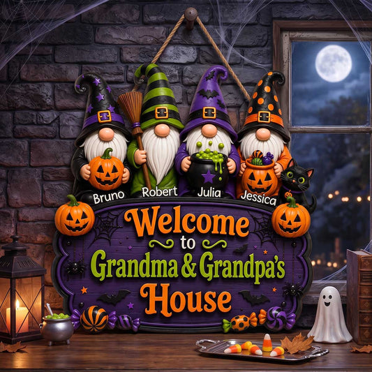 Personalized Halloween gnome wood sign featuring Welcome to Grandma & Grandpa's House for home decor