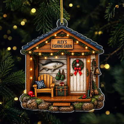 Personalized Fishing Cabin Acrylic Ornament - Custom Fisherman Christmas Keepsake Gift for Dad