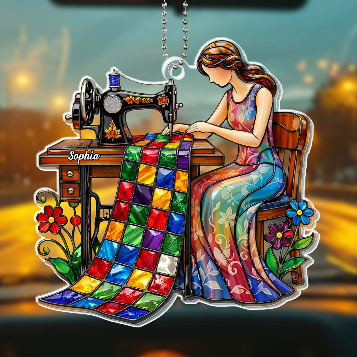 Colorful Quilt and Vintage Sewing Machine Design