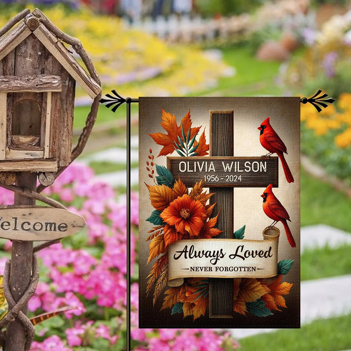 Always Loved Never Forgotten Personalized Garden Flag - Custom Cardinal Memorial Tribute Yard Flag for Family