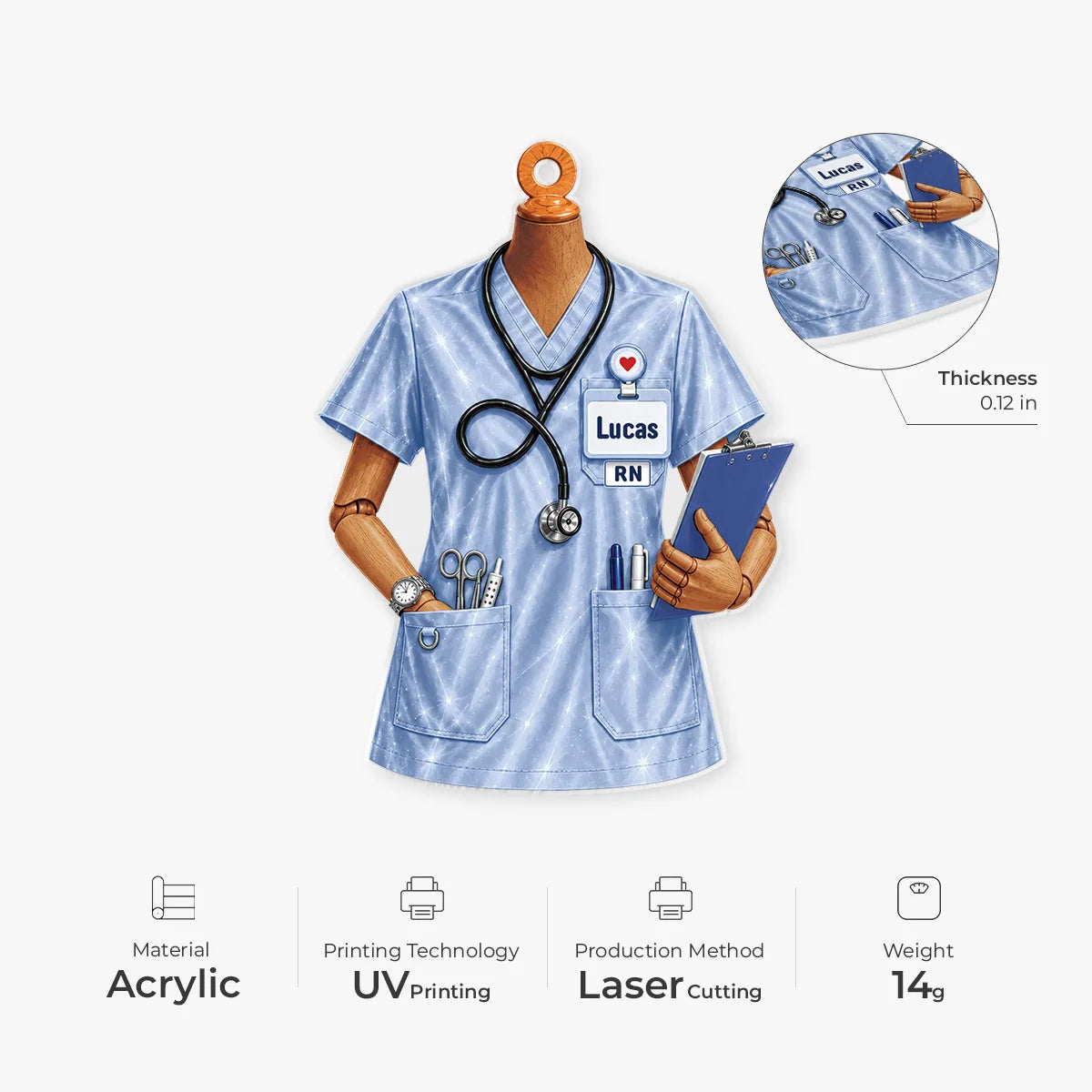 Personalized Nurse Scrubs Acrylic Ornament - Custom Name & Title Badge Keepsake for Healthcare Workers