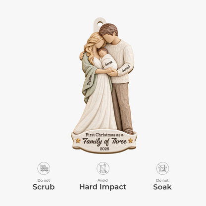 First Christmas as a Family of Three - Personalized Wooden Ornament for New Parents Gift