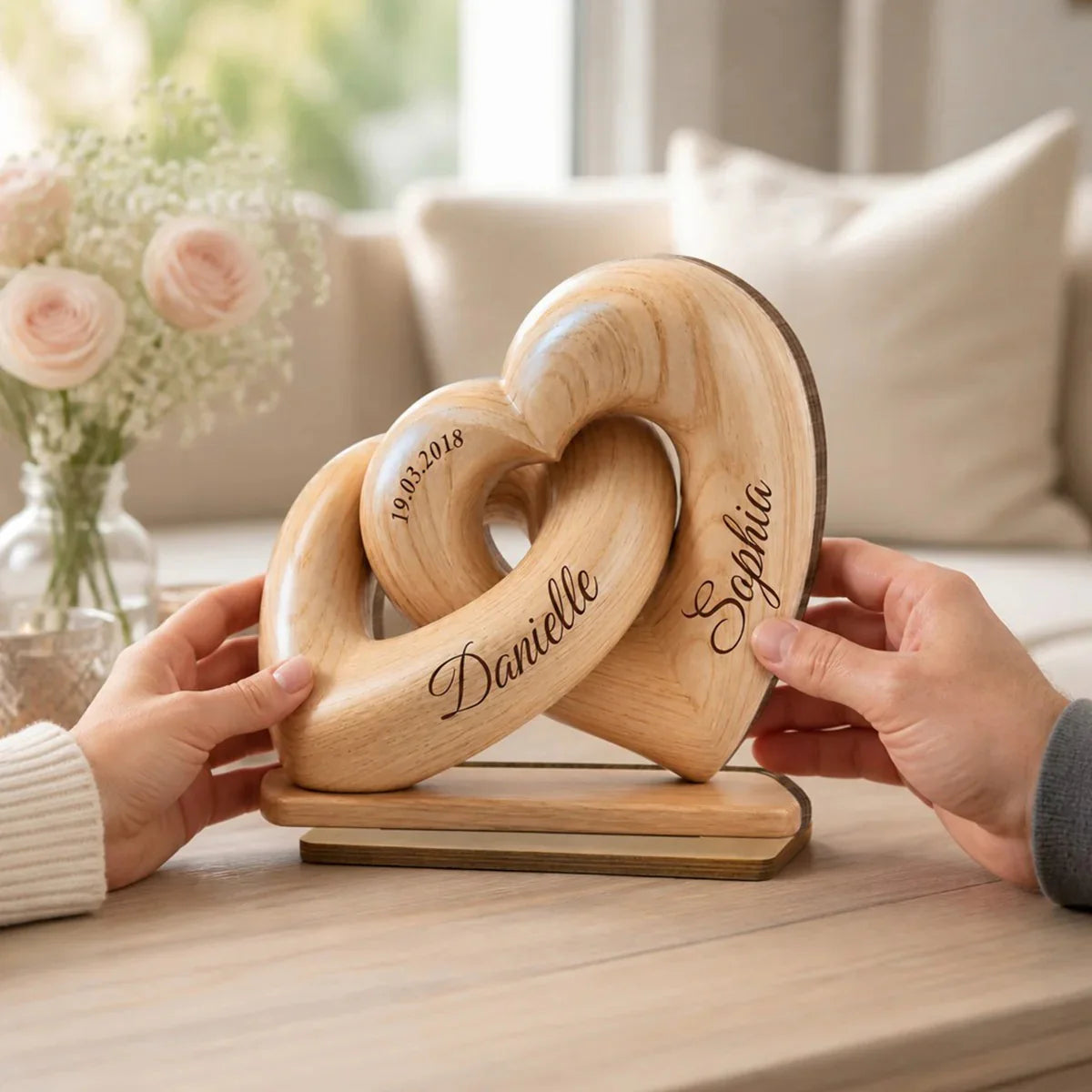 Interlocked hearts custom couple wooden plaque personalized with names and date - ideal anniversary gift for couples