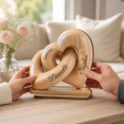 Interlocked hearts custom couple wooden plaque personalized with names and date - ideal anniversary gift for couples