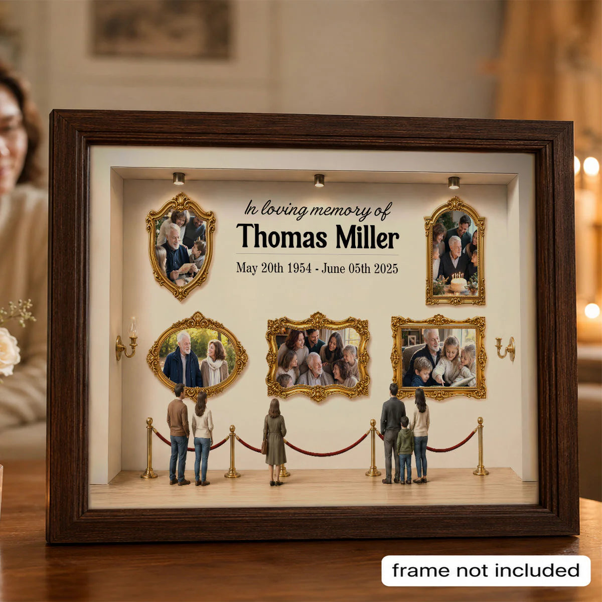Custom loss of loved one memorial canvas showing family photos inside an art gallery setup. image 6